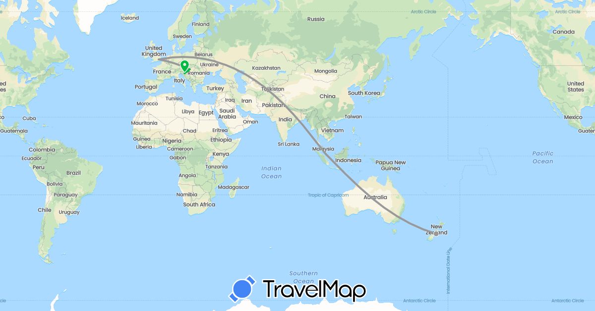 TravelMap itinerary: driving, bus, plane in United Kingdom, Croatia, Hungary, New Zealand, Singapore (Asia, Europe, Oceania)